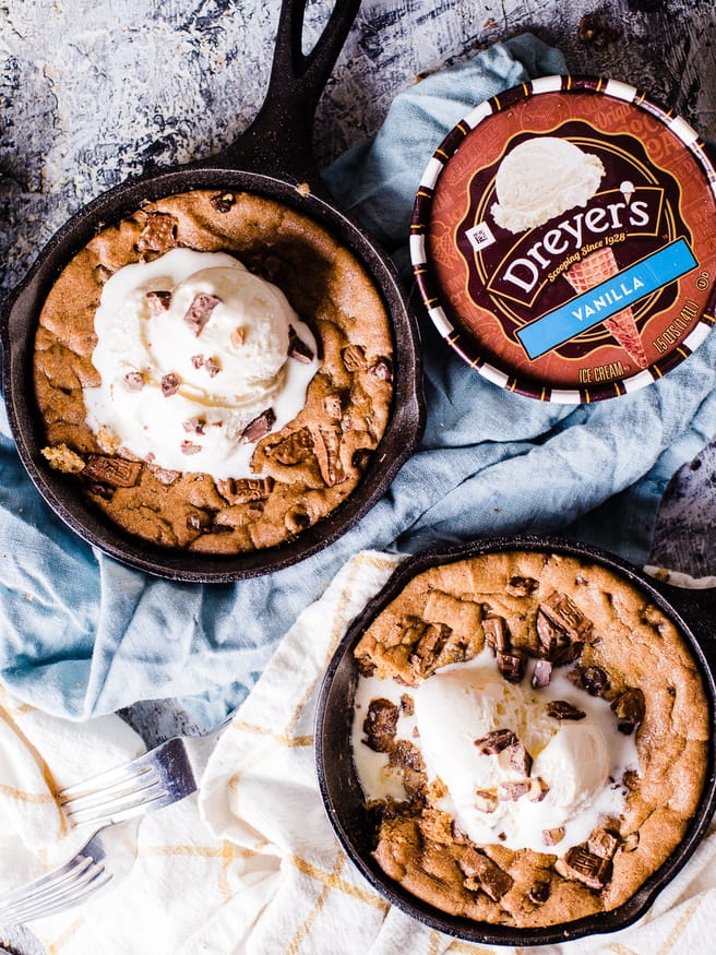 Chocolate Chunk Skillet Cookie with Vanilla Ice Cream - Dad With A Pan