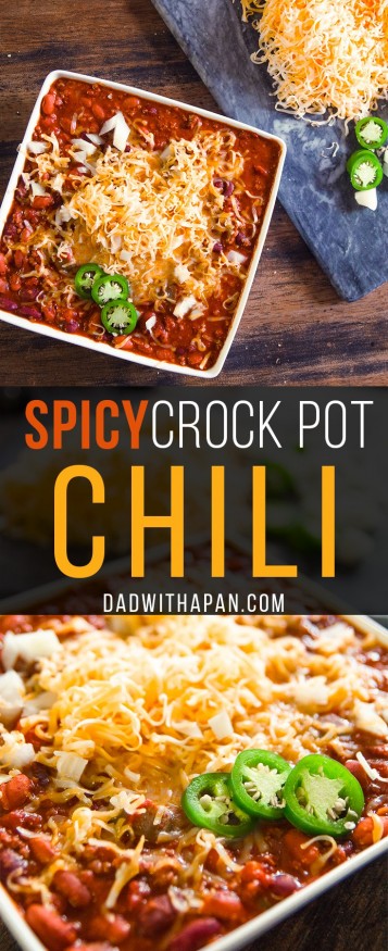 Slow cooked Crock Pot Chili with Ground beef tomatoes, beans and jalapenos and a spicy seasoning, This batch of spicy chili is a great weeknight dinner!