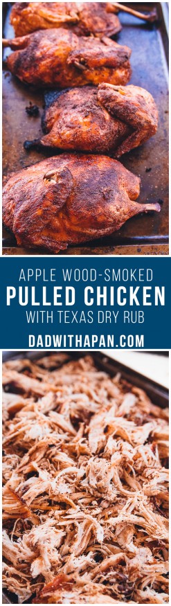 Slow cooked on the grill and apple wood-smoked barbecue pulled chicken with a home-made seasoning. Makes a great pulled pork sandwich substitute!