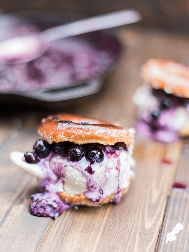 Grilled Donut Ice Cream Sandwich with a warm Blackberry BlueBerry Sauce #Dessert #Donuts #Grilled