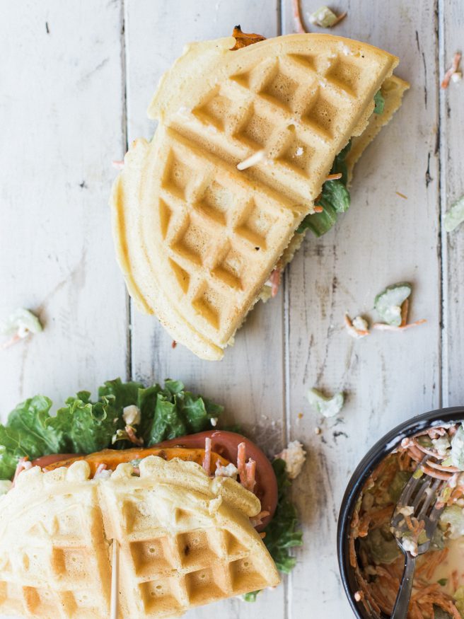 Buffalo Chicken Waffle Sandwich with a Carrot and Celery Bleu Cheese Slaw, This waffle sandwich is a buffalo wing meets chicken and waffles all in one! 
