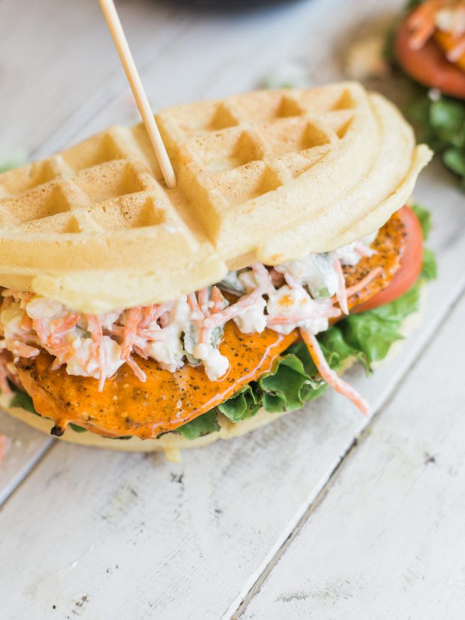 Buffalo Chicken Waffle Sandwich with a Carrot and Celery Bleu Cheese Slaw, This waffle sandwich is a buffalo wing meets chicken and waffles all in one! 