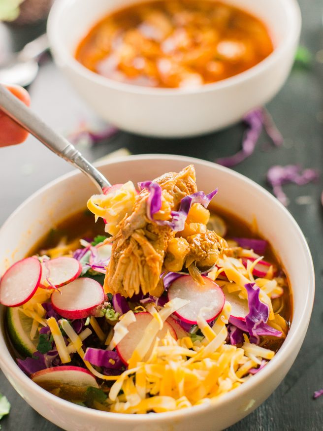 A from-scratch Pozole Rojo with Chicken recipe that is SUPER easy to make!
