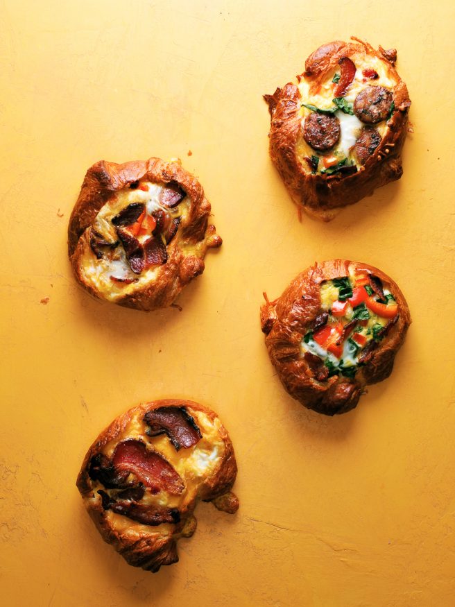 Breakfast Croissant Boats loaded with an egg bacon and bell pepper frittata is soo delicious and the perfect way to get your weekend breakfast going!