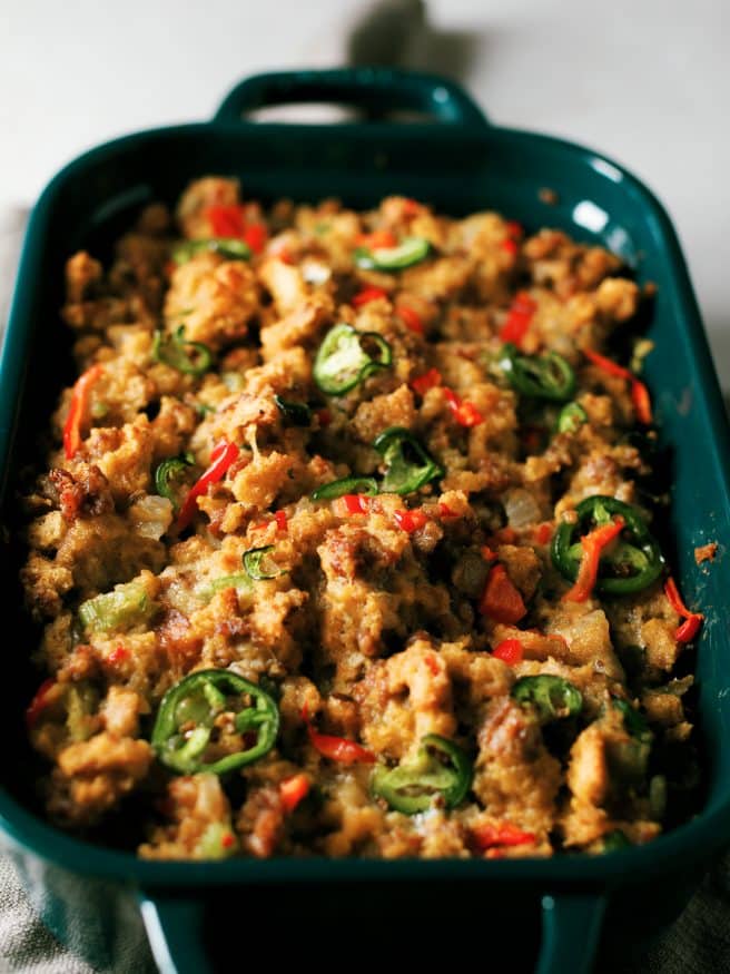 Sausage Jalapeno Cornbread Stuffing crispy on the outside, and moist and delicious on the inside. Its a great all around stuffing to bring to the table!