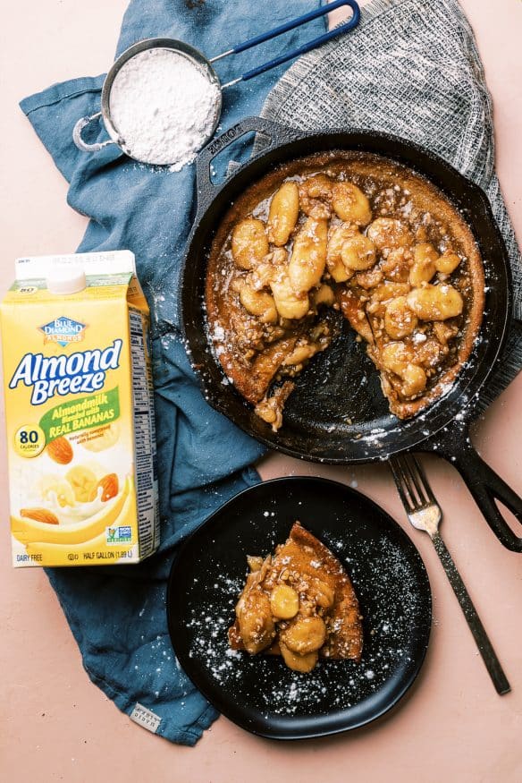 This bananas foster skillet cake is out of this world! It’s a bit of breakfast meets dessert with AlmondBreeze Almondmilk Blended with Real Bananas. It’s so satisfying and luxurious, you have to try it!