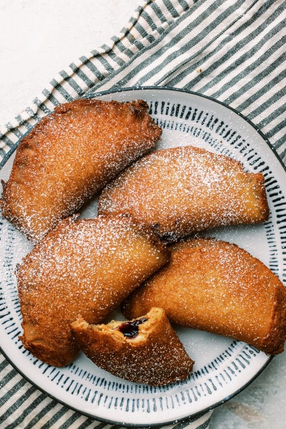 Fried peanut butter and jelly folded in half, then fried until crispy and golden brown. It's crispy sweet and savory - you need to try this!