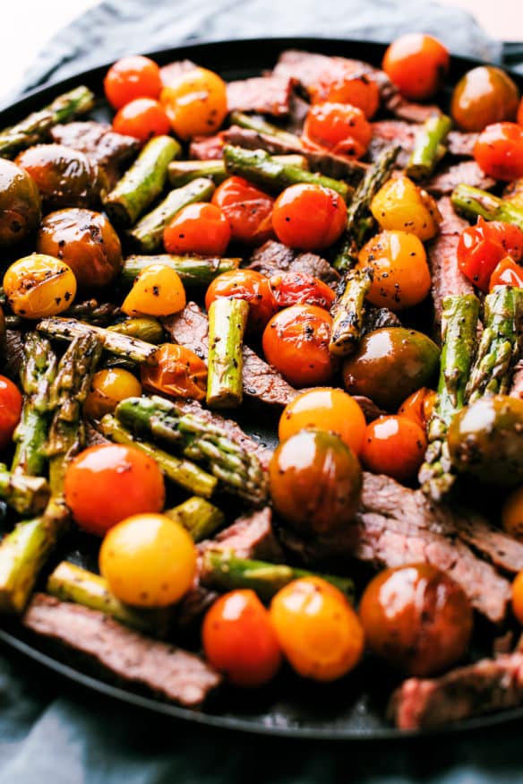 Balsamic steak with grilled tomatoes asparagus, marinated in an oil, balsamic vinegar and garlic dressing. Low carb and perfect keto dish! 