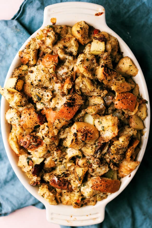 stuffing with real bread and bacon, italian sausage, sage, rosemary, thyme, a boat load of butter, and a some fresh pepper to give it a little kick
