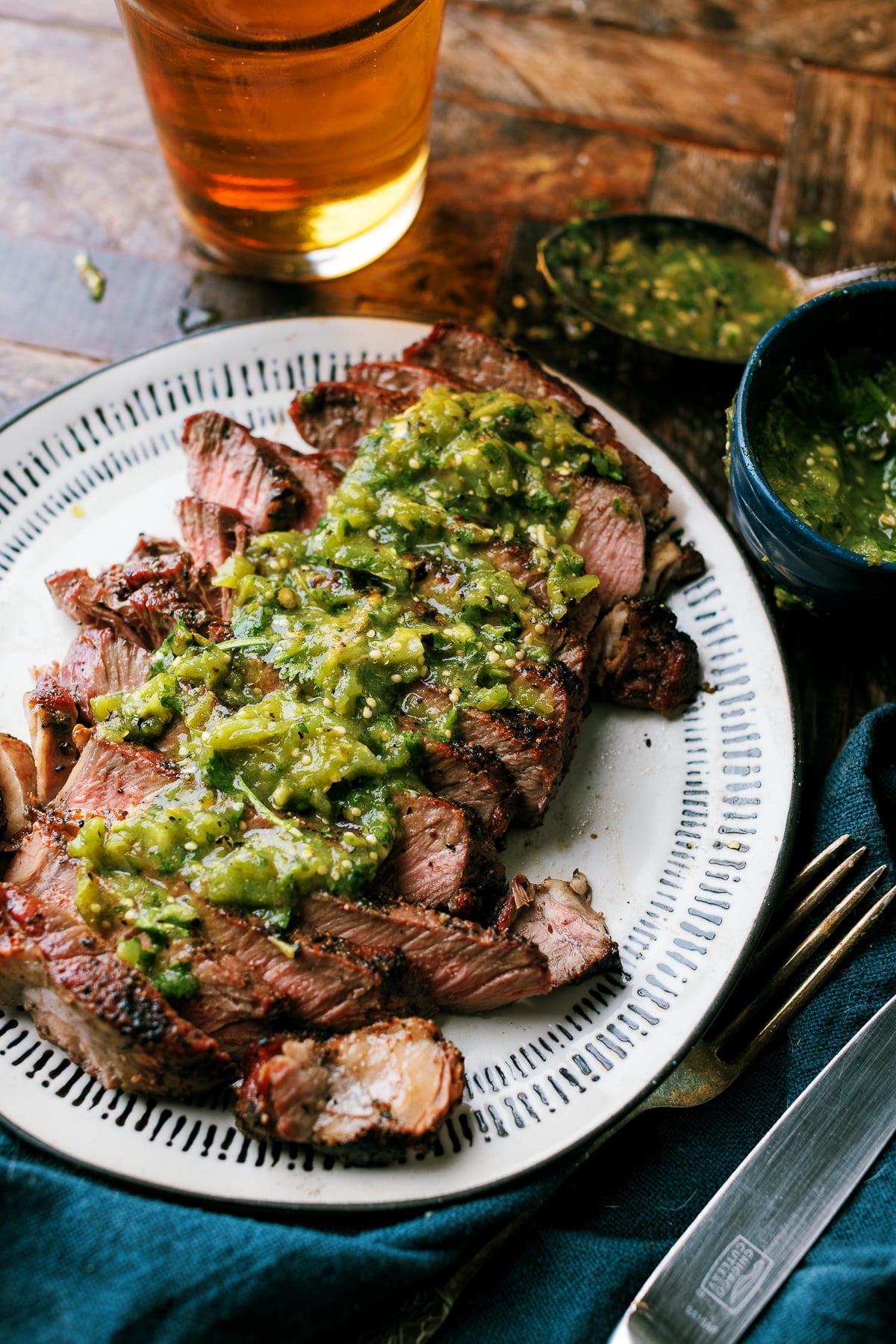 Grilled Rib Eye Steaks With Hatch Pepper Verde Sauce - Dad With A Pan